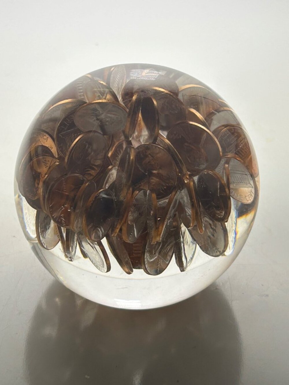 Vintage Clear Coin Ball Paperweight with Encased Lincoln Pennies Copper 1960s